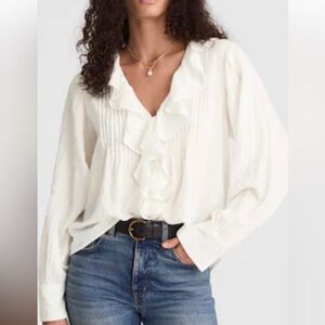 Madewell Cream Ruffle V-Neck Long Sleeve Blouse